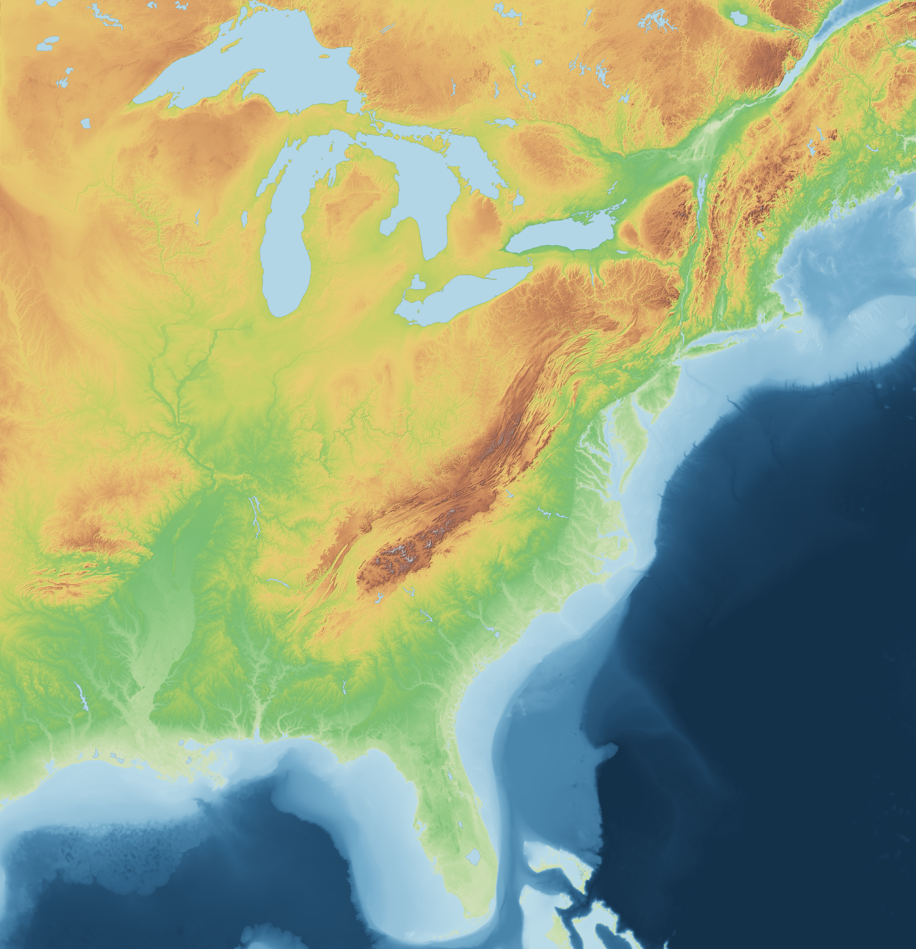 Hypsometric elevation map of the United States east of the Mississippi River